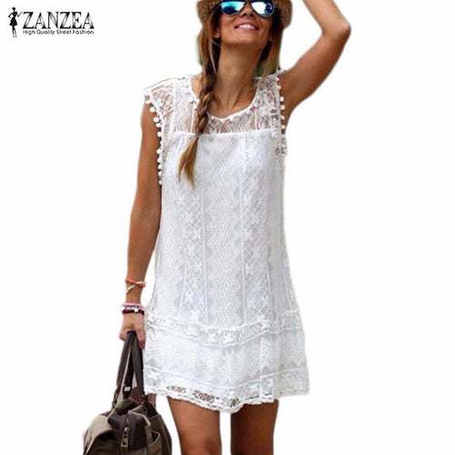Summer Dresses. Sexy Women Casual Sleeveless Beach Short Dress Tassel Solid White Mini Lace Dress Vestidos Plus Size