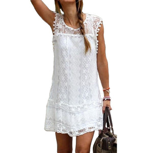 Summer Dresses. Sexy Women Casual Sleeveless Beach Short Dress Tassel Solid White Mini Lace Dress Vestidos Plus Size