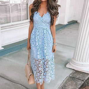 Womens Sundresses - Girls Hollow Out A-line Sundress Women Sexy Spaghetti Strap Backless Summer Lace Dresses Femme V-neck Midi Dres Plus Size GV870