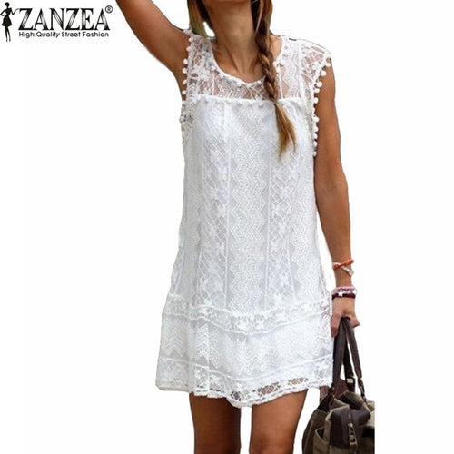 ZANZEA Vestidos 2019 Summer Elegant Women Casual Solid Short Sleeve Slim Lace Mini Dress Tops Ladies Sexy White Dress Plus Size